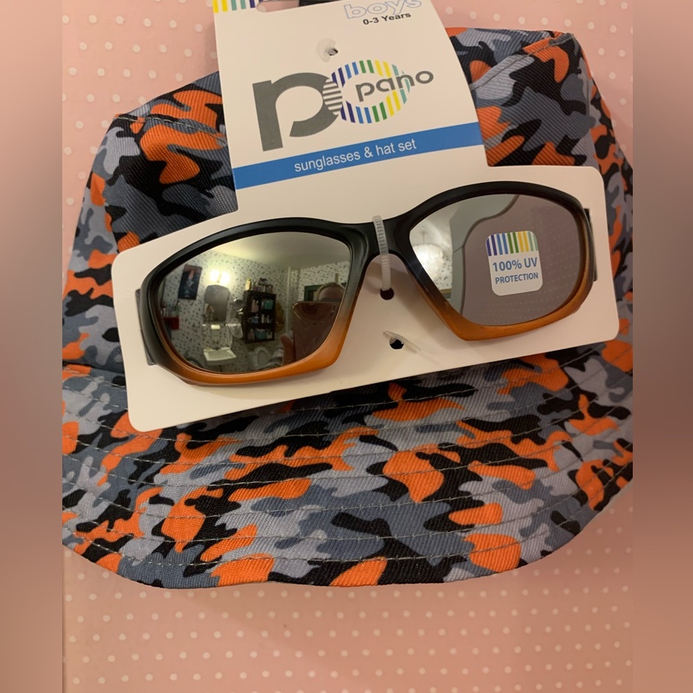 Boys bucket sun hat w sunglasses 100% UV SIZE 0-3 camo orange grey black